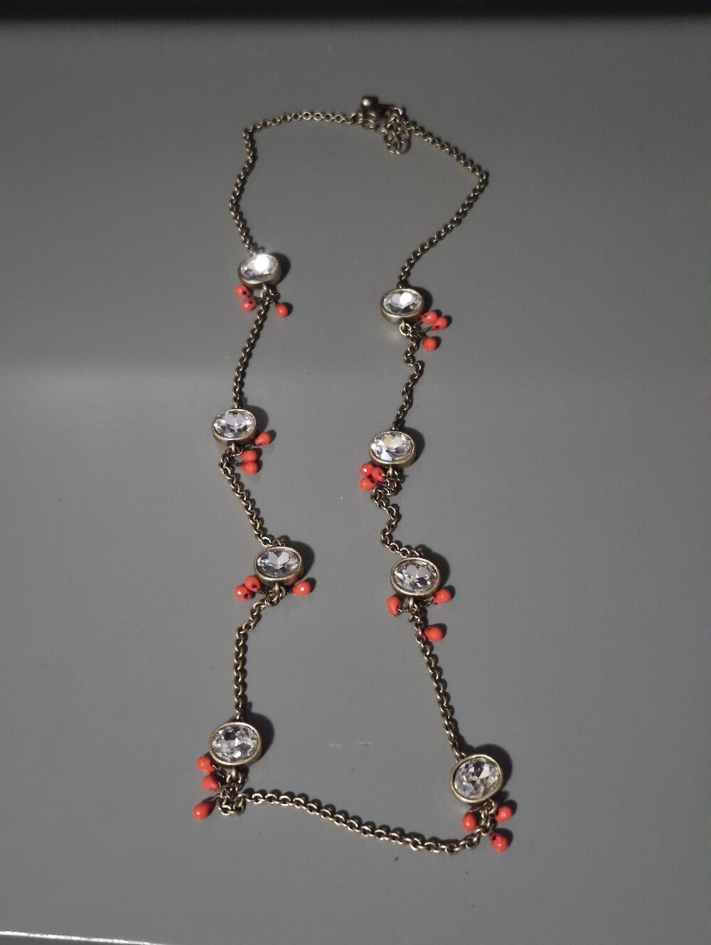 Gold Chain Necklace with Clear Stones and Coral Red Beads